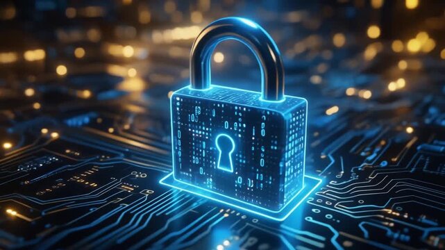Digital padlock glowing on circuit board. Cyber security concept with blue data protection.