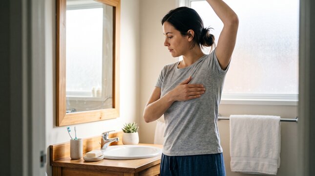 Woman performing breast self examination in a bathroom checking for lumps or abnormalities