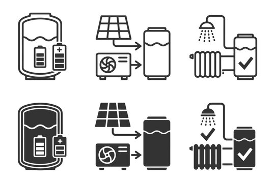 Renewable energy icons illustrating solar power and heat storage systems.