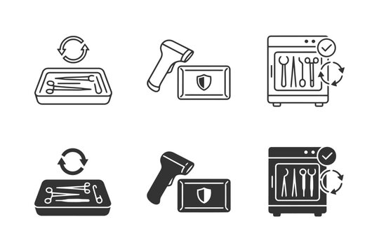 Medical sterilization icons for surgical tools with equipment symbols.