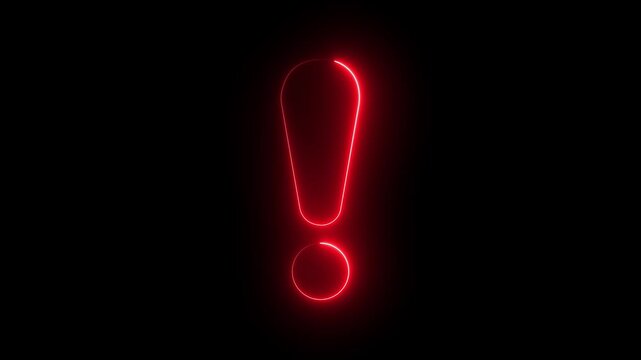 Neon exclamation mark glows against a dark, empty background. 4k video