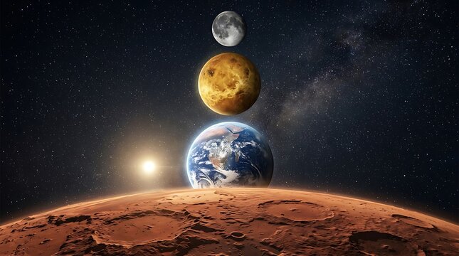 Planets and moon aligned over a rocky alien surface in space