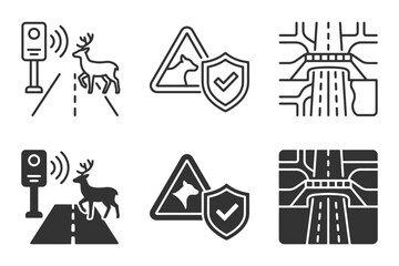 Fototapeta premium Traffic and road safety icons featuring deer warning signs and road structuring elements.
