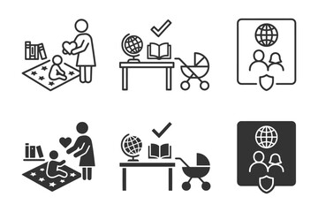 Fototapeta premium Icons of parenting, education, and global interaction in black and white style.