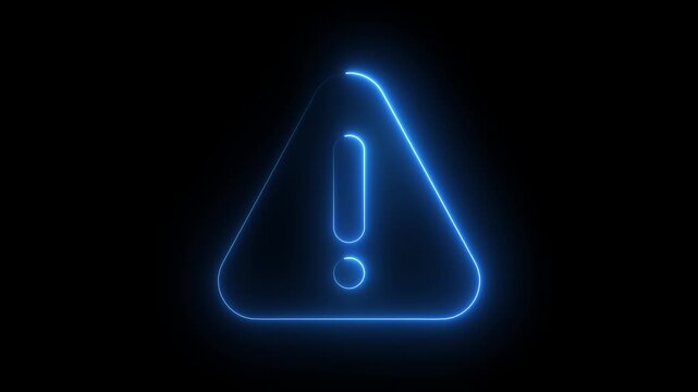 Neon blue warning sign icon on black background Animation of glowing neon Warning attention icon signal , alert , risk , safety, danger road warning sign animated