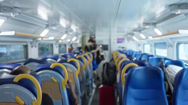 Blurred train with shallow bokeh showing blue seats and aisle, soft defocused cabin; background backplate copyspace calm.