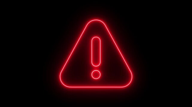 Neon red warning sign icon on black background Animation of glowing neon Warning attention icon signal , alert , risk , safety, danger road warning sign animated