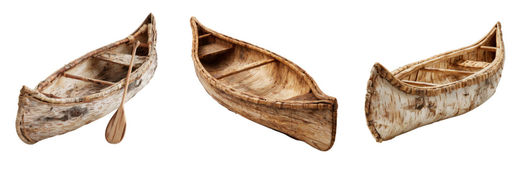 Three handcrafted birch bark canoes with wooden paddles and seats isolated on a transparent background
