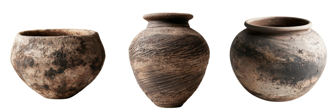 Three ancient earthenware pots with textured surfaces and earthy tones isolated on a transparent background