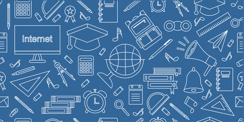 Back to school doodle background. Student tools seamless pattern background. School attributes seamless pattern. Education themed doodle pattern background.