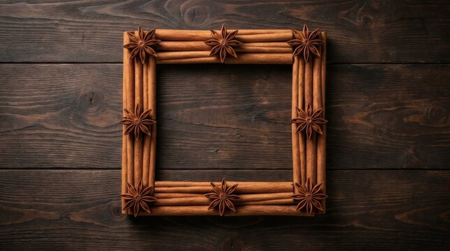 Square frame composition made of dried cinnamon sticks and star anise spices on a rustic dark wooden background