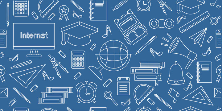 Back to school doodle background. Student tools seamless pattern background. School attributes seamless pattern. Education themed doodle pattern background.