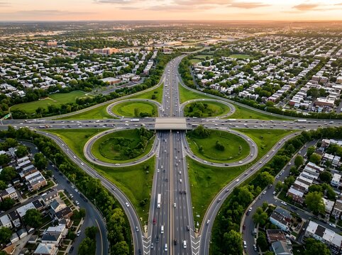 Aerial view of a cloverleaf highway interchange surrounded by residential suburban houses during a beautiful golden sunset
