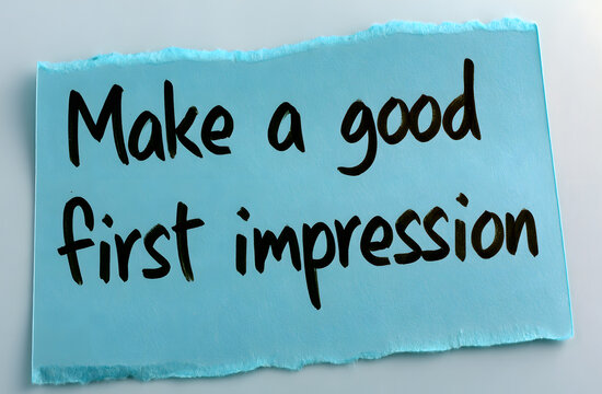 Make a good first impression. Write a text on blue torn paper with black letters forming an encouraging message about building reputation. The concept emphasizes the importance of starting professiona