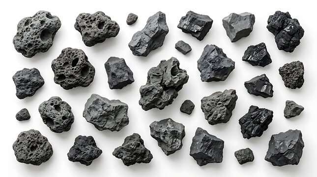 Set of black volcanic lava rocks and coal pieces