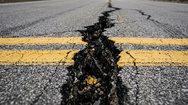 Earthquake Damaged Asphalt Road with Large Ground Crack After Seismic Disaster