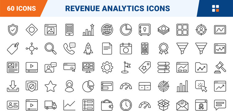 Ad revenue dashboard line icon set. Vector pictograms of advertising, analytics, monetization, and cost elements, thin linear illustration.
