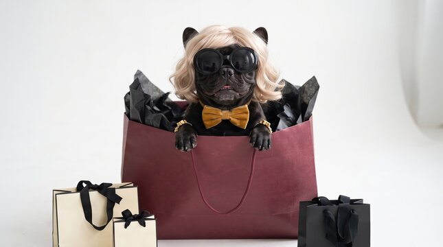 Funny black French bulldog wearing a blonde wig, oversized sunglasses and gold bow tie, sitting inside a maroon shopping bag with gift bags on a white studio background