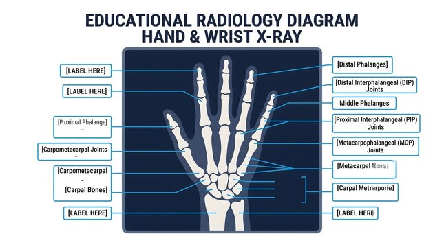 High-contrast digital illustration depicting human hand wrist anatomy, skeletal structure with labeled bones, valuable medical education reference material.