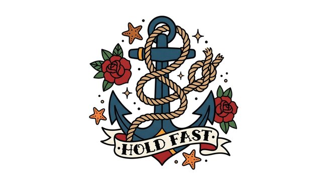 Classic flat illustration, anchor rope, red roses, stars, 'hold fast' banner, traditional nautical art, versatile design element, commercial usage.