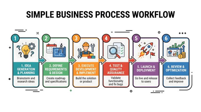 Vibrant flat design infographic outlining a six-step business process workflow for strategic project management and enterprise solutions.