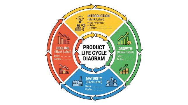 Vibrant circular infographic displaying product life cycle stages strategic business development clean white background.