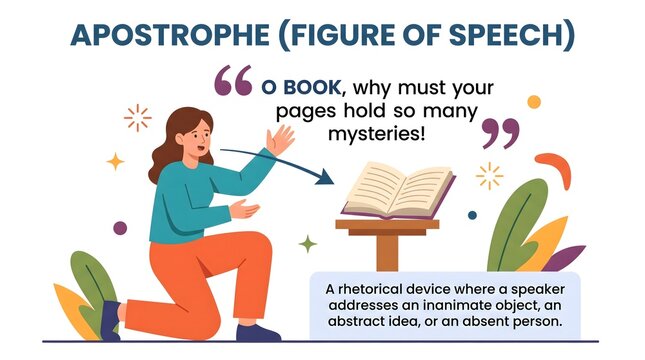 Bright vector illustration visually explaining rhetorical apostrophe concept, featuring woman gesturing to an open book, ideal learning resource.