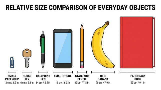 Clean flat infographic illustrates relative scale comparison of everyday objects, displaying accurate dimensions for educational tool.