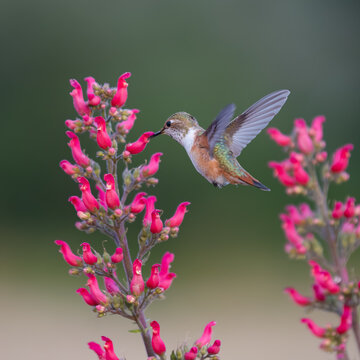 Rufous hummingbird feeding on Redbirds in a Tree blooms, Hesperus, Colorado, USA