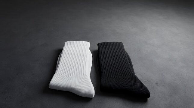 3D rendering mockup of white and black long socks shown from back view on shadowed background representing fashionable legwear template for design branding and advertising Mockup of white black long