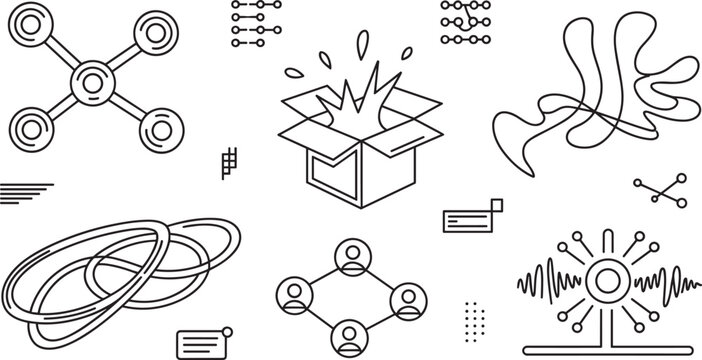 Abstract line icon set featuring an open delivery box, social network connections, digital nodes, audio waves, and organic loops for technology concepts.