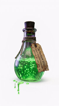 Glass potion bottle with glowing green liquid. Magic elixir flask with a vintage label.