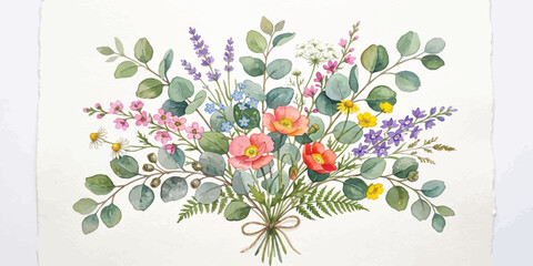 Hand painted watercolor bouquet of wildflower stems and eucalyptus with watercolor wildflowers eucalyptus painting botanical illustration © Manjur