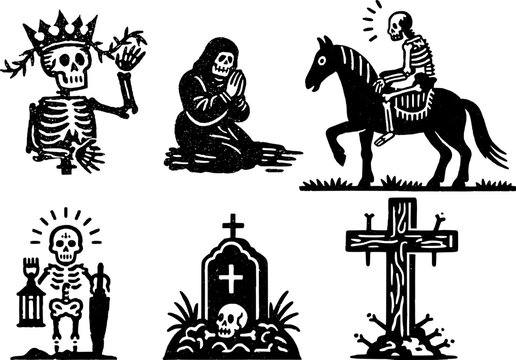 Black and white skeleton set with praying nun figure, king, horse rider, gravestone, and cross in mystic art