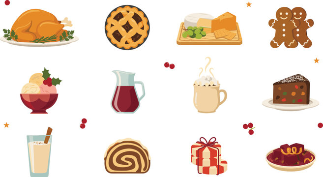 Traditional Christmas Holiday Food and Dinner Vector Icon Set Featuring Roast Turkey Pie Gingerbread Cheese Board Eggnog Fruitcake and Sweets for Festive Menu Designs