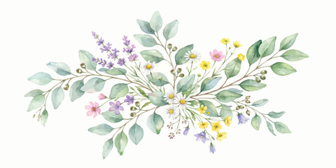 Soft watercolor painting of wildflowers and eucalyptus foliage with hand painted watercolor wildflowers eucalyptus botanical greenery © Manjur