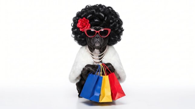 Black French bulldog wears a curly wig, red sunglasses, pearl necklace and white faux fur while holding colorful shopping bags on a white background, representing fashion and retail