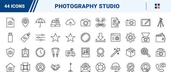 Fototapeta premium Event Photography Studio line icon set. Vector pictograms of camera, studio equipment, photo editing, and gallery services elements, thin linear illustration.