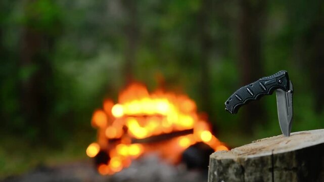 Folding tactical pocket knife stuck in wooden stump with warm burning campfire bokeh background at forest campsite with natural outdoor ambient audio soundscape for bushcraft gear.
