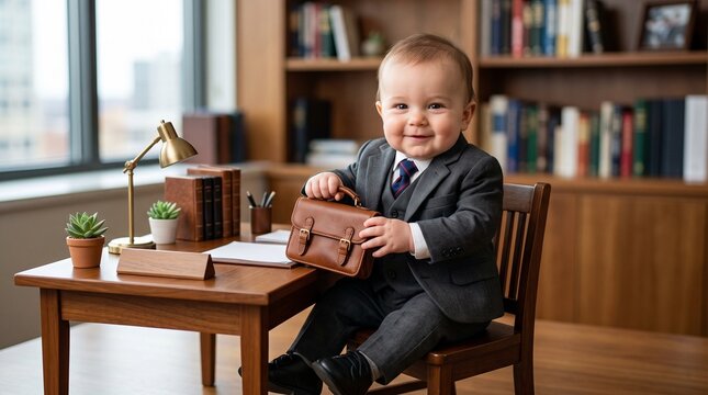 Baby wearing a tiny business suit holding a briefcase, funny professional concept