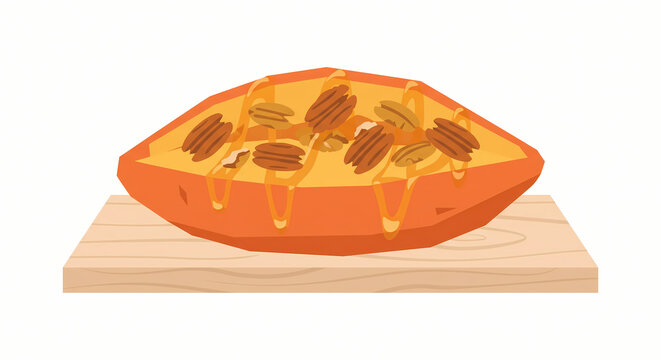 Baked Sweet Potato Halves with Pecans and Honey Vector Illustration for Thanksgiving and Autumn Recipe Design