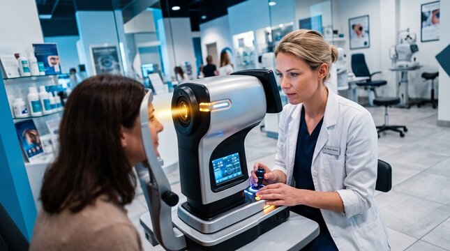  Female Technician Using Autorefractor Eye-Testing Machine with Warm Glowing Light Beam in Modern Clinic