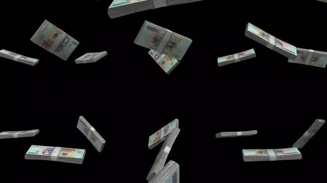 Vietnam Money, Vietnamese Dong Banknotes Falling On Black Background, VND Polymer Currency Stacks Dark Cinematic, 4K