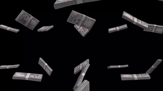 Iraq Money, Iraqi Dinar Banknotes Falling On Black Background, IQD Currency Stacks Dark Cinematic, 4K