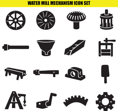 Water mill mechanism icon set depicting traditional milling components and industrial power hardware.