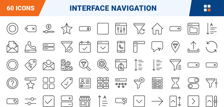 Filter Accordion Icons line icon set. Vector pictograms of navigation, selection, interface, and controls elements, thin linear illustration.
