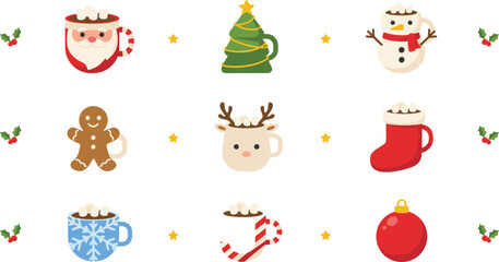 Fototapeta premium Cute Christmas Mug and Hot Cocoa Cup Vector Icon Set Featuring Santa Snowman Reindeer Gingerbread and Tree Designs for Winter Holiday Graphics