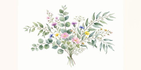 Watercolor illustration of wildflower bouquet and eucalyptus with hand painted watercolor wildflowers eucalyptus botanical painting illustration © Manjur