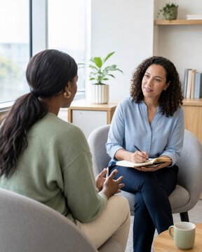 Supportive manager listens to employee during confidential wellbeing discussion in a bright office