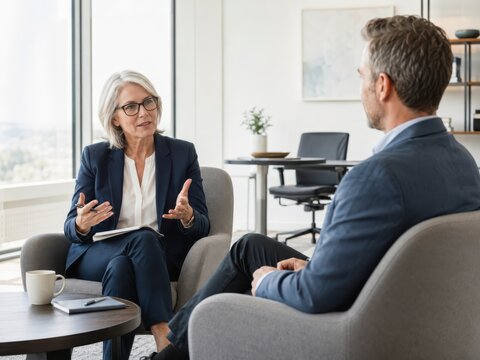 leadership coaching session between two executives in a bright modern office